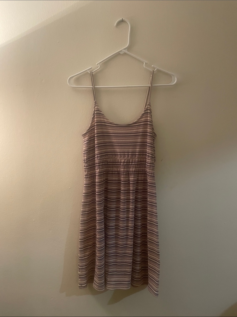 American Eagle Outfitters Striped Spaghetti‑Strap Midi Dress in Mauve and Cream